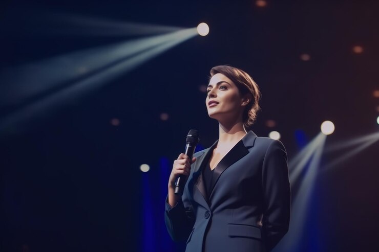Pewna siebie bizneswoman w garniturze wygłaszająca motywacyjne przemówienie na scenie