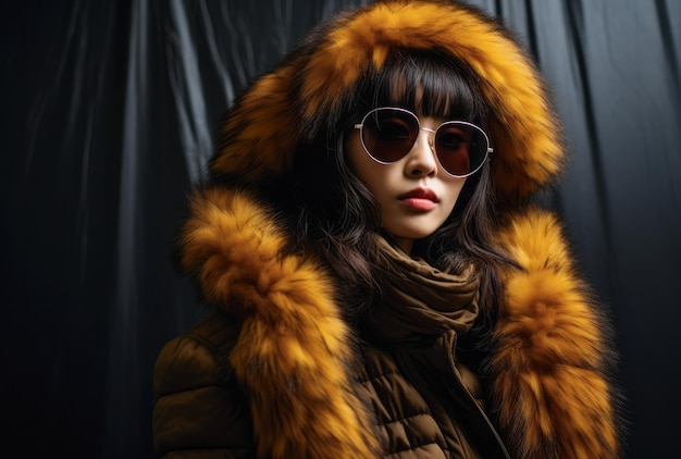 Pewna siebie Chińska młoda kobieta w okularach przeciwsłonecznych i futrze