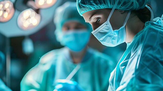 Pewna siebie chirurg w szlafroku i masce wykonująca operację w nowoczesnej sali operacyjnej szpitala