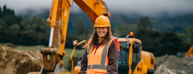 Pewna siebie kobieta w kasku na placu budowy Profesjonalny inżynier uśmiechający się do maszyn Bezpieczeństwo i przywództwo w pracach budowlanych AI