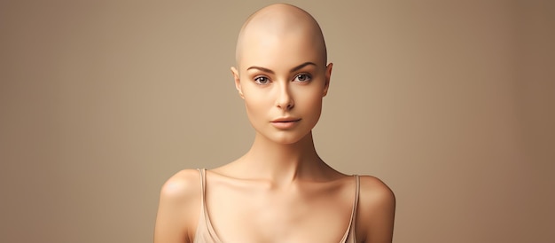 Pewna siebie łysa kobieta pozuje od talii do minimalnego tła łysienia i świadomości raka