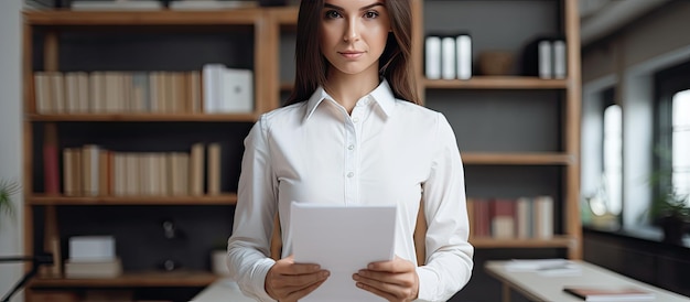Pewna siebie młoda kobieta w pracy, stojąca przed biurkiem, ubrana w koszulę i okulary, trzymająca dokumenty w schowku