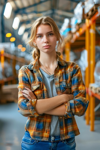 Pewna siebie młoda kobieta z skrzyżowanymi ramionami stojąca w środowisku magazynu przemysłowego Portret