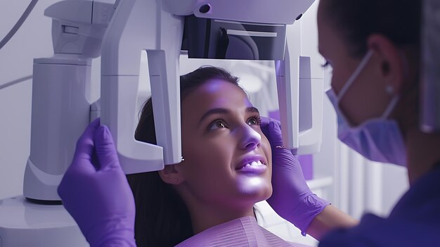 Pewna siebie pacjentka, której zęby są skanowane przez nowoczesny skaner 3D, siedząc na krześle dentystycznym
