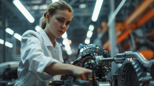 Pewna siebie pracownica umiejętnie obsługująca nowoczesne maszyny w nowoczesnym zakładzie produkcyjnym samochodowym