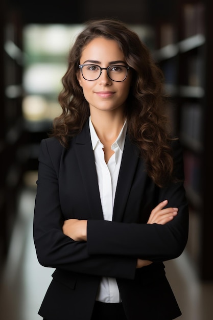 Pewna siebie, uśmiechnięta młoda profesjonalna kobieta biznesu, dyrektor generalny, liderka firmy, łacińska prawniczka lub menedżerka ds. kadr, ubrana w garnitur, z rękami skrzyżowanymi na rękach w biurze