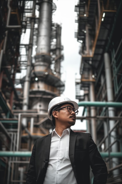 Pewny siebie azjatycki inżynier w twardym kapeluszu z przemysłowym tłem odpowiednim dla przemysłu biznesowego