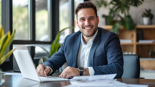 Pewny siebie biznesmen uśmiechający się przy biurku w nowoczesnym biurze Mężczyzna w casualowym garniturze pracujący na laptopie Profesjonalne miejsce pracy Portret AI