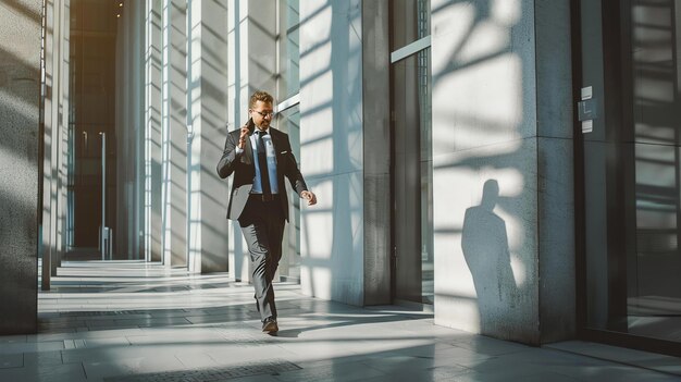 Zdjęcie pewny siebie biznesmen w garniturze idący po nowoczesnym budynku biurowym