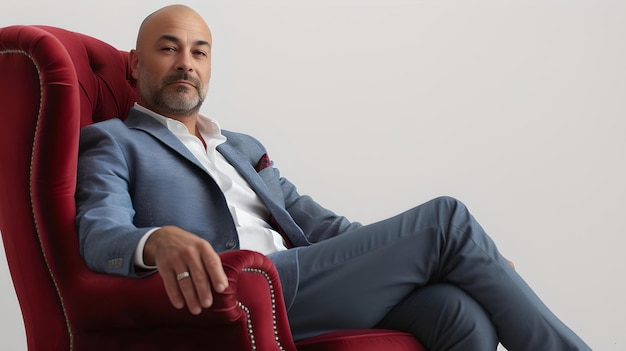 Pewny siebie dyrektor biznesowy siedzący w eleganckim czerwonym krześle stylowy profesjonalny portret idealny dla nowoczesnych koncepcji korporacyjnych AI
