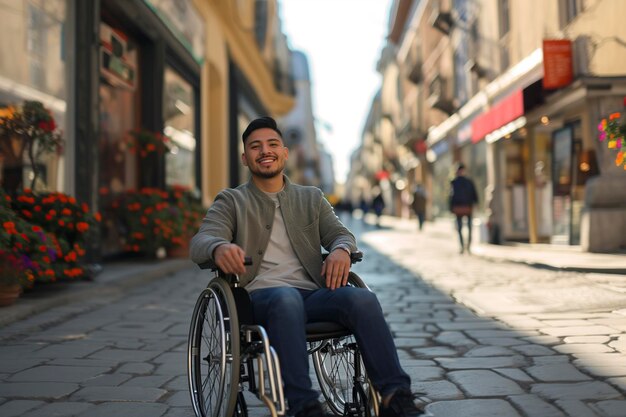 Pewny siebie hiszpański mężczyzna na wózku inwalidzkim na City Street