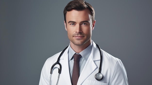 Pewny siebie lekarz stoi przed tobą ze swoim stetoskopem. Zdjęcie wygenerowane przez sztuczną inteligencję.