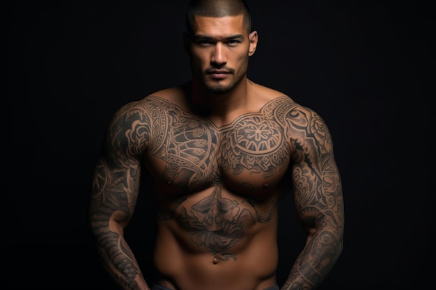 Pewny siebie mężczyzna z muskularnym ciałem tatuażem na czarnym tle