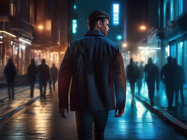 Pewny siebie młody mężczyzna spacerujący po oświetlonym mieście w nocy