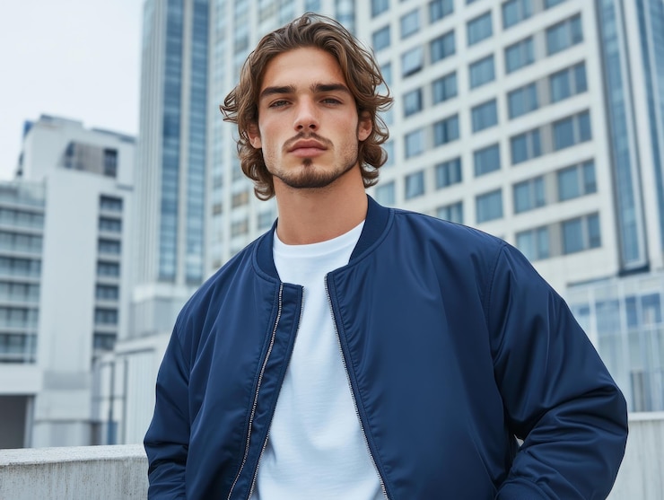 Zdjęcie pewny siebie młody mężczyzna w nowoczesnej modzie stylowy płaszcz bombowy urban vibe minimalistyczne tło