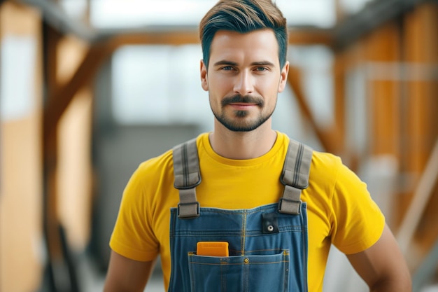 Zdjęcie pewny siebie młody mężczyzna w żółtej koszuli i niebieskim kombinezonie z dobrze uprawioną brodą stoi na placu budowy