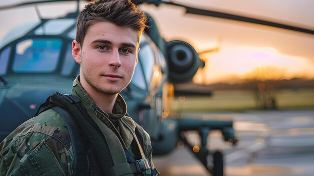 Pewny siebie młody pilot pozujący przed śmigłowcem o zachodzie słońca profesjonalny portret lotnika z samolotem uroczy model męski w stroju w stylu wojskowym inspiracja kariery i przygoda AI