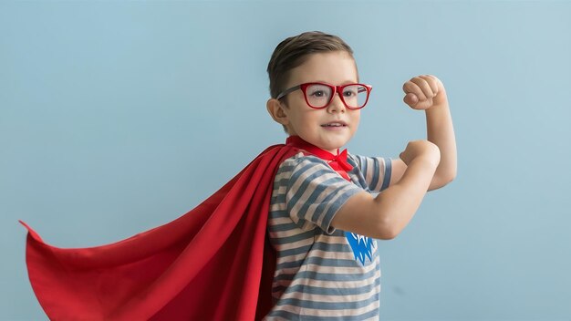 Pewny siebie młody superbohater w czerwonej pelerynie noszący okulary robi silny gest patrząc na boczną izolację