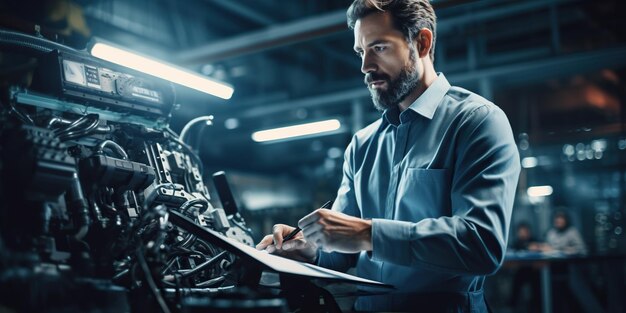 Zdjęcie pewny siebie pracownik demonstruje swoją wiedzę fachową, umiejętnie obsługując zaawansowane maszyny w nowoczesnym środowisku produkcji motoryzacyjnej, zapewniając wydajną produkcję generative ai