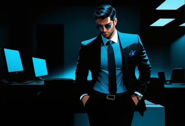 Pewny siebie przedsiębiorca w stylowym niebieskim garniturze stojący w nowoczesnym biurze w nocy idealny dla bu