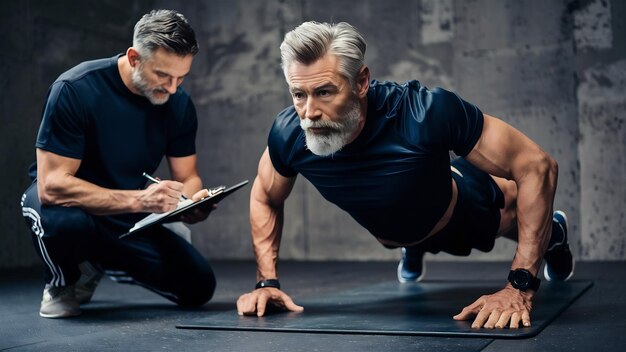 Pewny siebie sportowy sześćdziesięcioletni mężczyzna z brodą robi push-upy w stylowych czarnych strojach sportowych