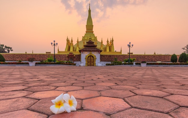 Pha That Luang, złota buddyjska stupa rano, punkt orientacyjny w Vientiane, Laos PDR.