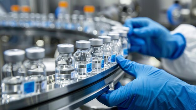 Zdjęcie pharmaceutical scientist wearing sterile gloves inspects medical vials on a production line