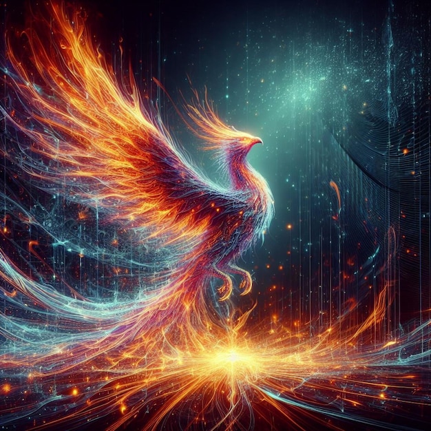 Zdjęcie phoenix holographica majestatyczne odrodzenie z cyfrowych pozostałości płonące w holograficznym ogniu