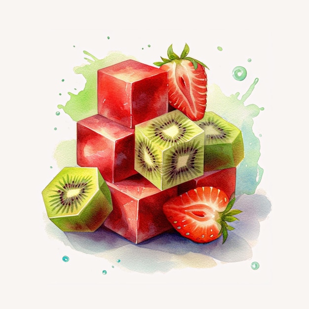 photo a akwarela Strawberry And Kiwi Cubes na bia?ym tle