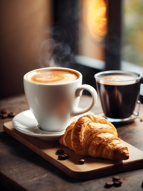 _Photo_hot_coffee_cup_and_croissant_on_table