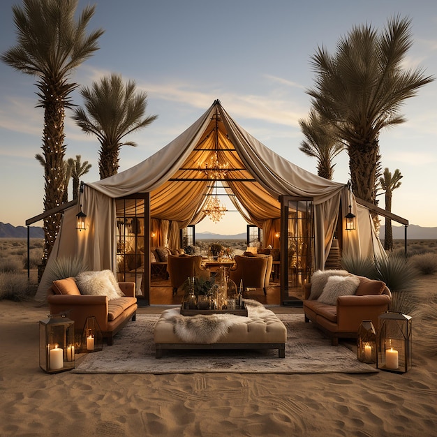 photo_of_desert_tent_palm_trees_vibrant_minimalist