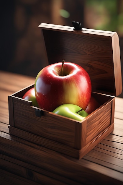 Zdjęcie photo świeże smaczne jabłko w tle drewnianego koszyka na stole