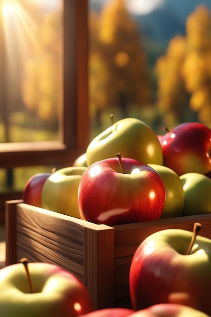 photo świeże smaczne jabłko w tle drewnianego koszyka na stole