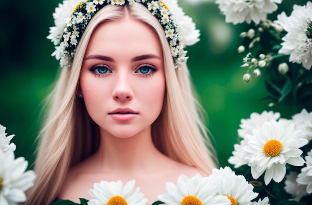 Pi?kna kobieta w daisies Portret ?adny model ze sk?adem rumianku Generative AI