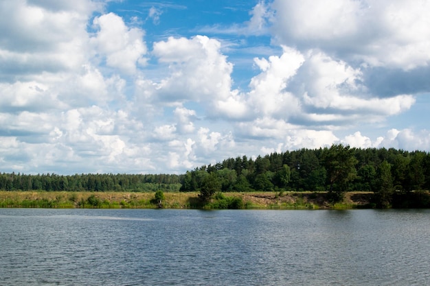 Pi?kna przyroda jezioro i las letni krajobraz pi?kne chmury jezioro w lesie sosny nad rzek?