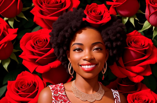 Pi?kny Afroamerykanin w ró?ach Portret całkiem czarnej kobiety ze składem czerwonych róż Generative AI