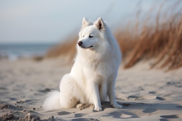 Pi?kny pies Samoyed siedzi na piasku w pobli?u morza Pi?kny bia?y American Eskimo Dog siedzi na pla?y AI Generated