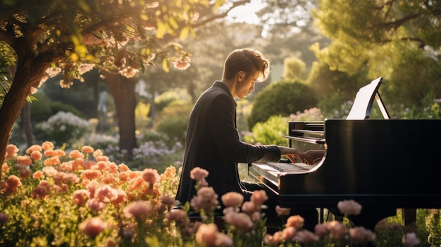 Pianista w ogrodzie kwitnące kwiaty otaczają spokojną melodię z naturą