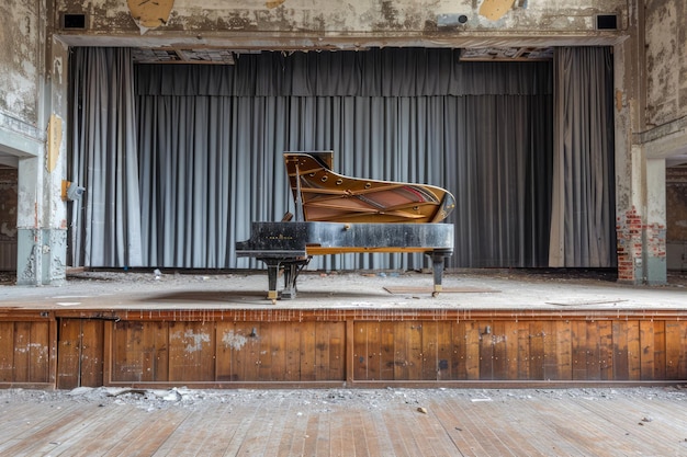 Piano na opuszczonym scenie teatralnym z roztrzaskanymi zasłonami i rozkładającą się drewnianą podłogą