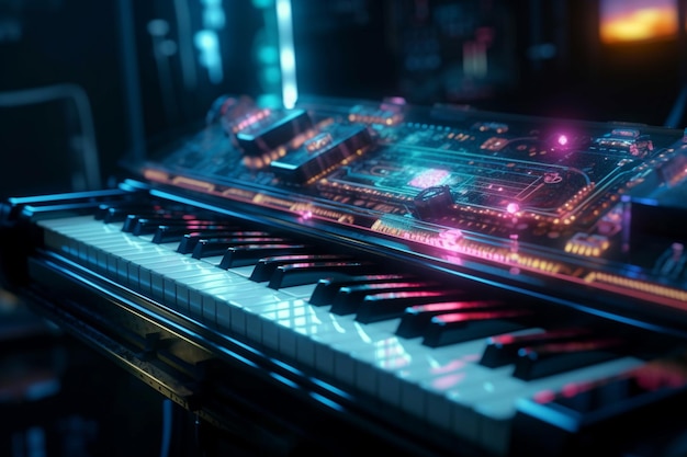 Piano stojące na futurystycznej ulicy miejskiej z oświetleniem neonowym Cyberpunk muzyczna koncepcja fortepianu w tle sceny miejskiej Wysokiej jakości ilustracja