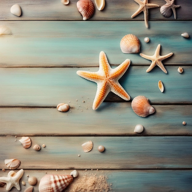 Piasek morski z rozgwiazdami i muszlami na drewnianym stole Widok z góry z miejsca na kopię Toned