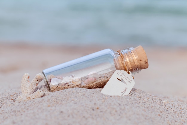 Piaska i morza skorupa w butelce stawiającej na plaży.