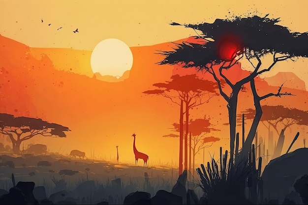 Zdjęcie piaszczysta dzika sawanna pod palącym słońcem z żyrafami generative ai