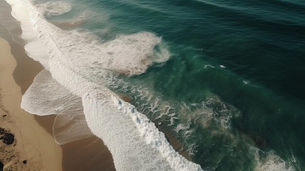 Piaszczysta linia brzegowa z falami i czystą wodą oceanu AI wygenerowana w powietrzu