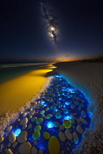 Piaszczysta plaża obok akwenu pod generatywnym ai nocnego nieba