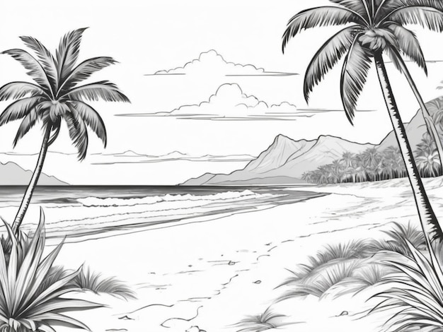 piaszczysta plaża palmy kokosy góry czarno-białe