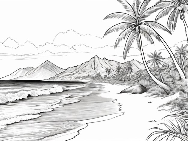 Zdjęcie piaszczysta plaża palmy kokosy góry czarno-białe