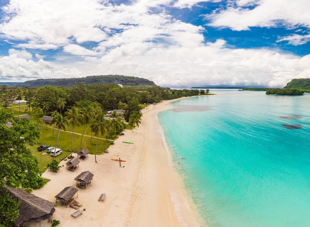 Piaszczysta plaża Port Orly z palmami Espiritu Santo Island Vanuatu