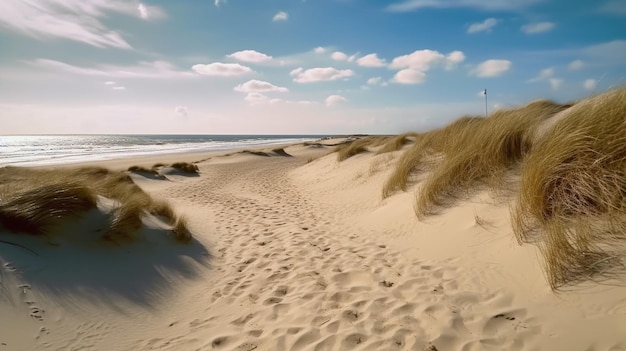 Piaszczysta plaża wydmowa wzdłuż wybrzeża Morza Północnego