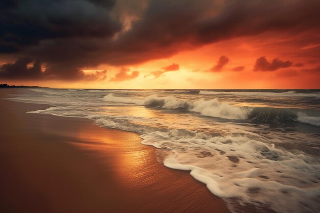 Piaszczysta plaża wzdłuż oceanu o wschodzie słońca z ciemnymi chmurami czerwonego i pomarańczowego generatora AI
